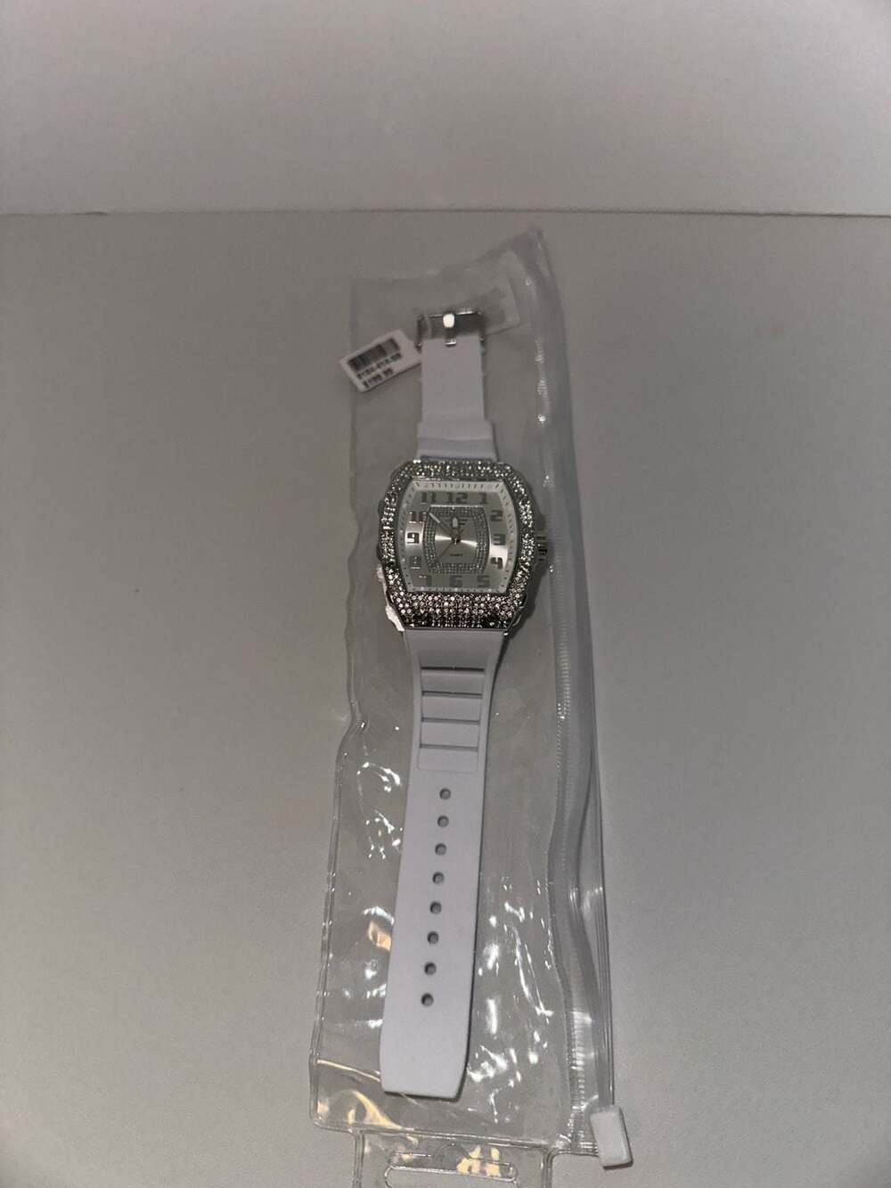 Techno Pave Quartz Watch White Silicone Iced Out Tonneau